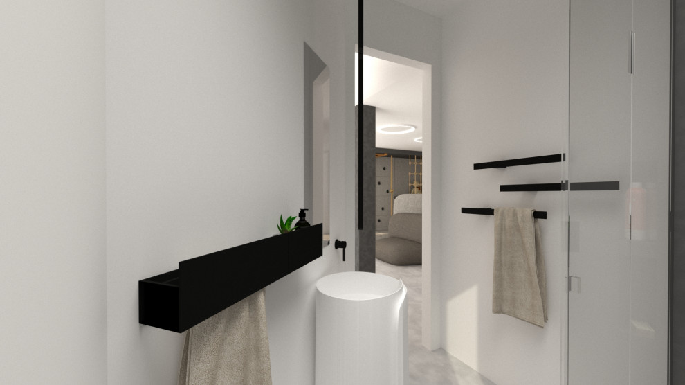 Idée de décoration pour un WC suspendu design de taille moyenne avec des portes de placard blanches, un carrelage blanc, un mur blanc, sol en béton ciré, un sol gris, meuble-lavabo sur pied et un plafond décaissé.