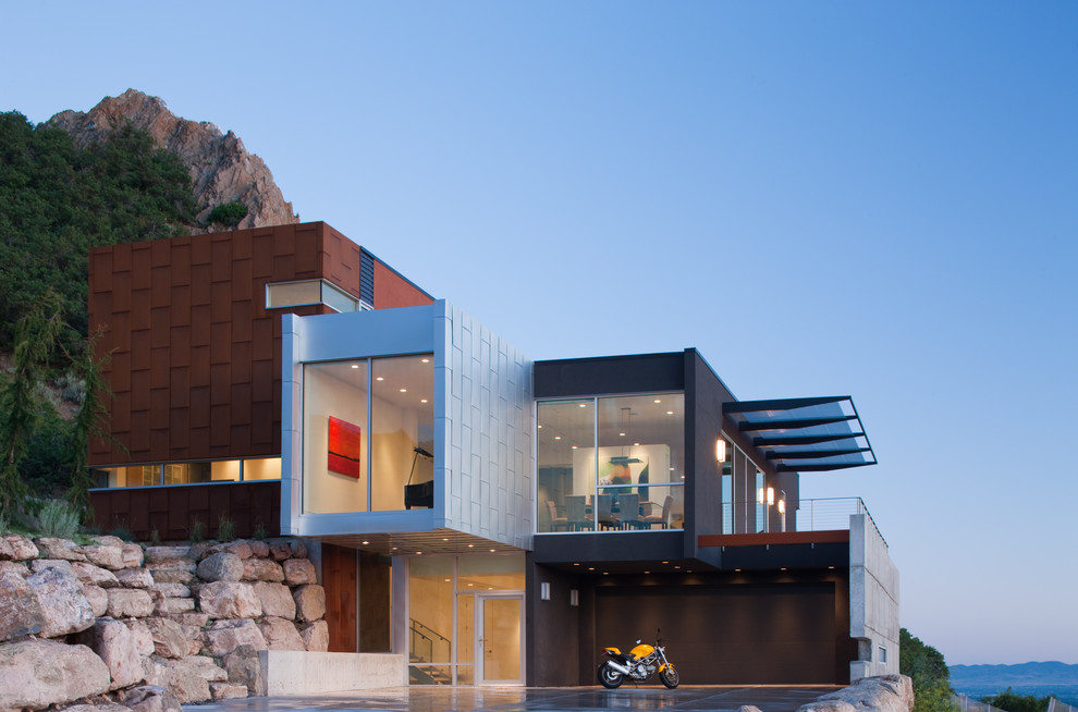 This is an example of a contemporary exterior in Salt Lake City with metal siding.