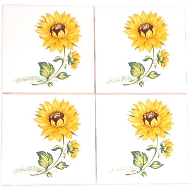 Sunflower Kiln Fired Ceramic Tile Backsplash Tiles Set Of 4 Sunflower Kiln Fired Ceramic Tile Backsplash Tiles Set Of 4