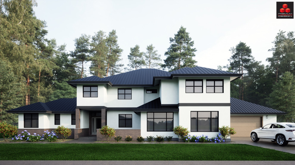 Inspiration för moderna vita hus, med två våningar, stuckatur, valmat tak och tak i metall