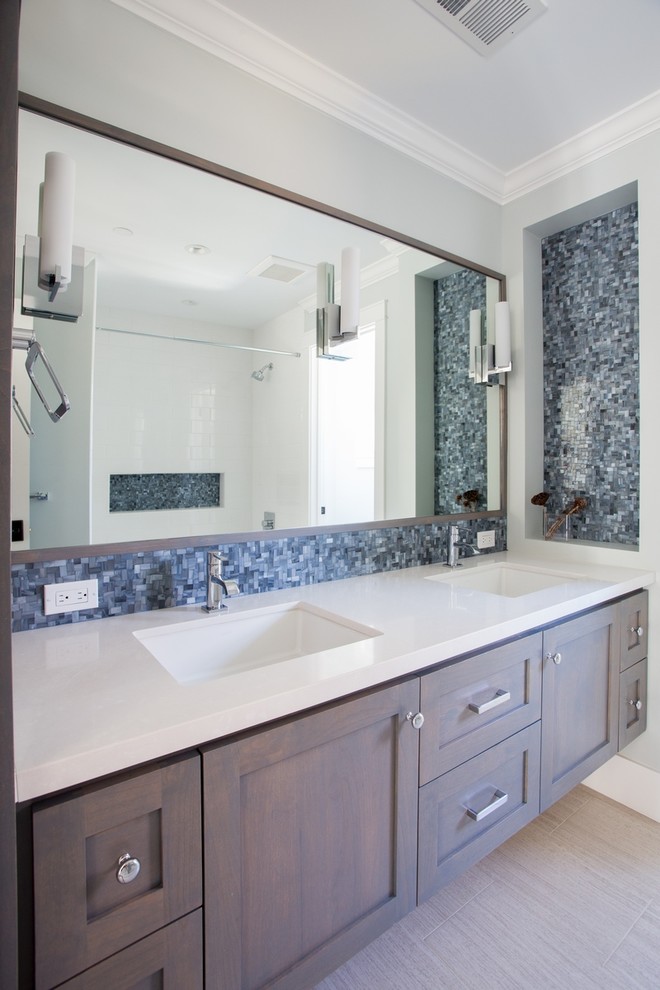 Design ideas for a large transitional bathroom in San Francisco with an undermount sink, shaker cabinets, grey cabinets, blue tile, mosaic tile, engineered quartz benchtops, an alcove tub, a shower/bathtub combo, a one-piece toilet, blue walls and porcelain floors.
