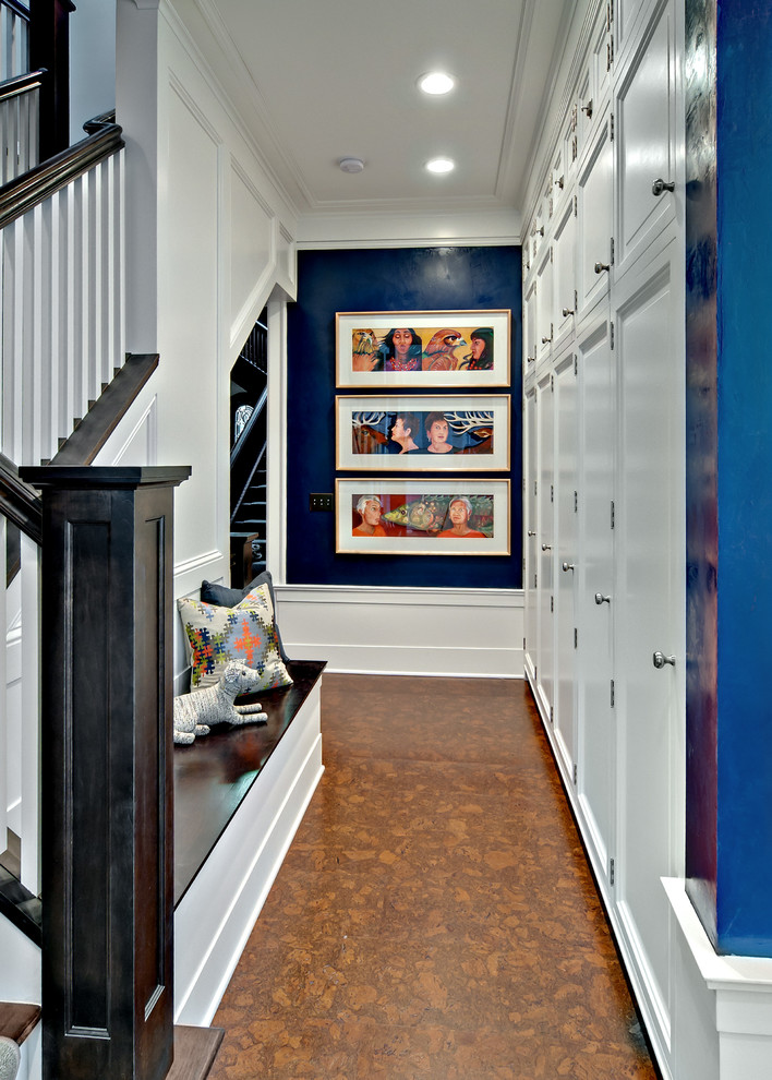 Mid-sized traditional hallway in Minneapolis with blue walls and cork floors.