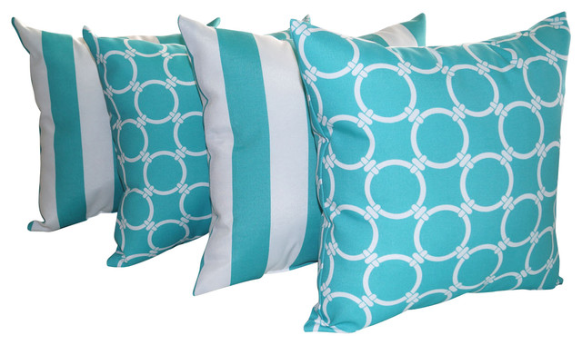 2" Vertical Stripe Ocean And Linked Ocean Aqua Outdoor Throw Pillow, Set of 4
