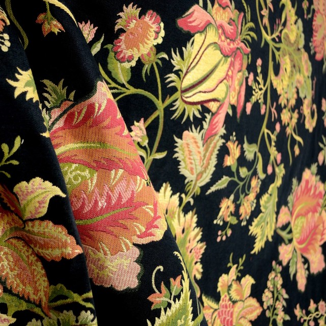 Spencer Black Chili Red Rusty Orange Olive Green Jacobean Floral Fabric