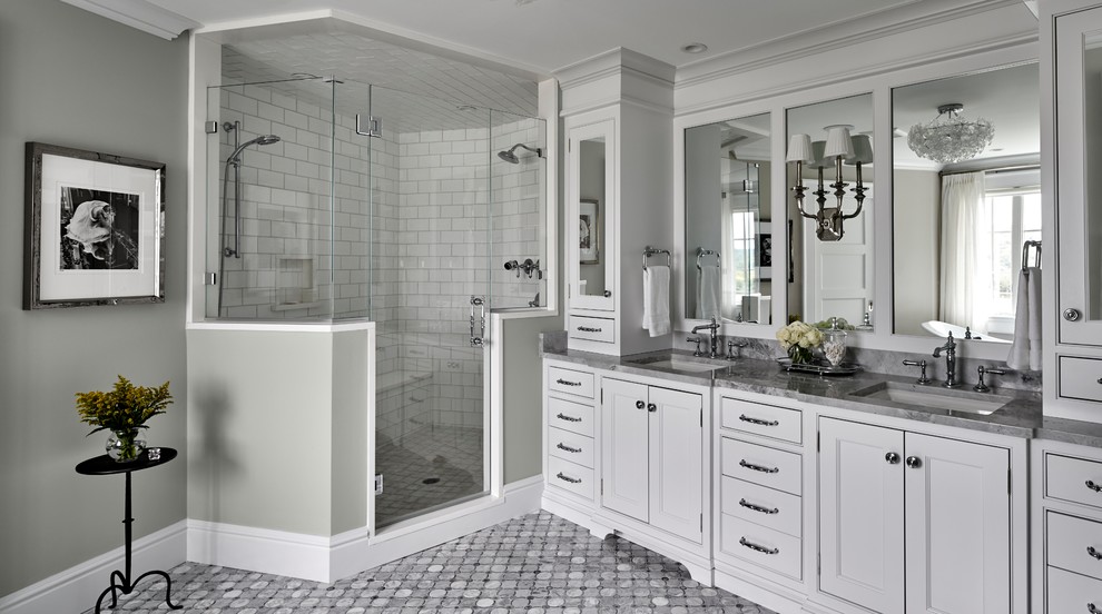 Mid-sized beach style master bathroom in Bridgeport with beaded inset cabinets, white cabinets, a claw-foot tub, quartzite benchtops, a corner shower, white tile, subway tile, grey walls, ceramic floors, an undermount sink, grey floor and a hinged shower door.