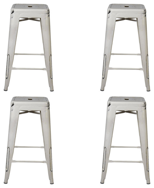 Antique White Backless Metal Bar Stools, Set of 4 Industrial Bar Stools And Counter Stools