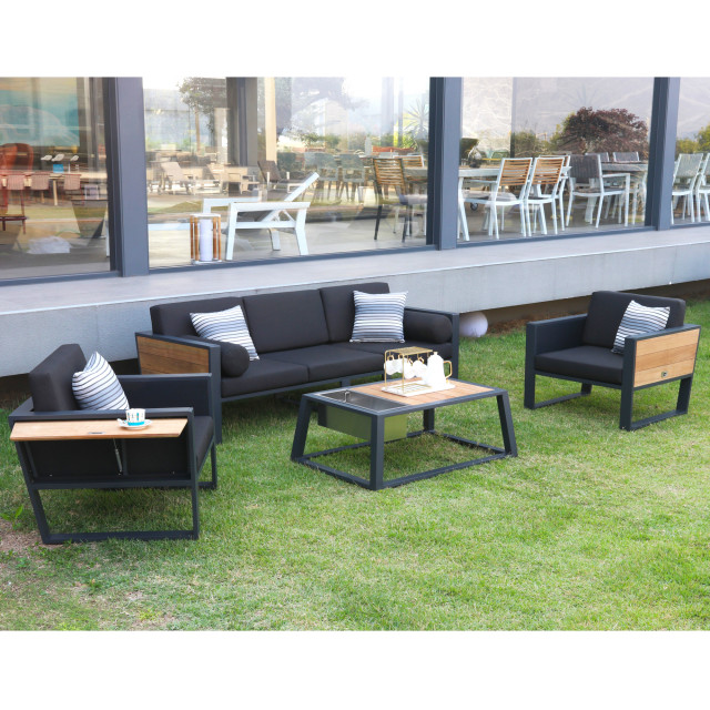 HIGOLD York 4Piece Outdoor Patio Conversation Set, Teak, Aluminum