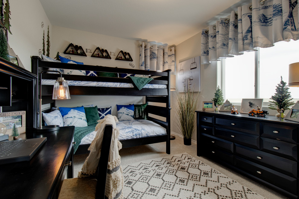 Inspiration for a transitional kids' bedroom for kids 4-10 years old and boys in Denver with white walls, carpet and beige floor.