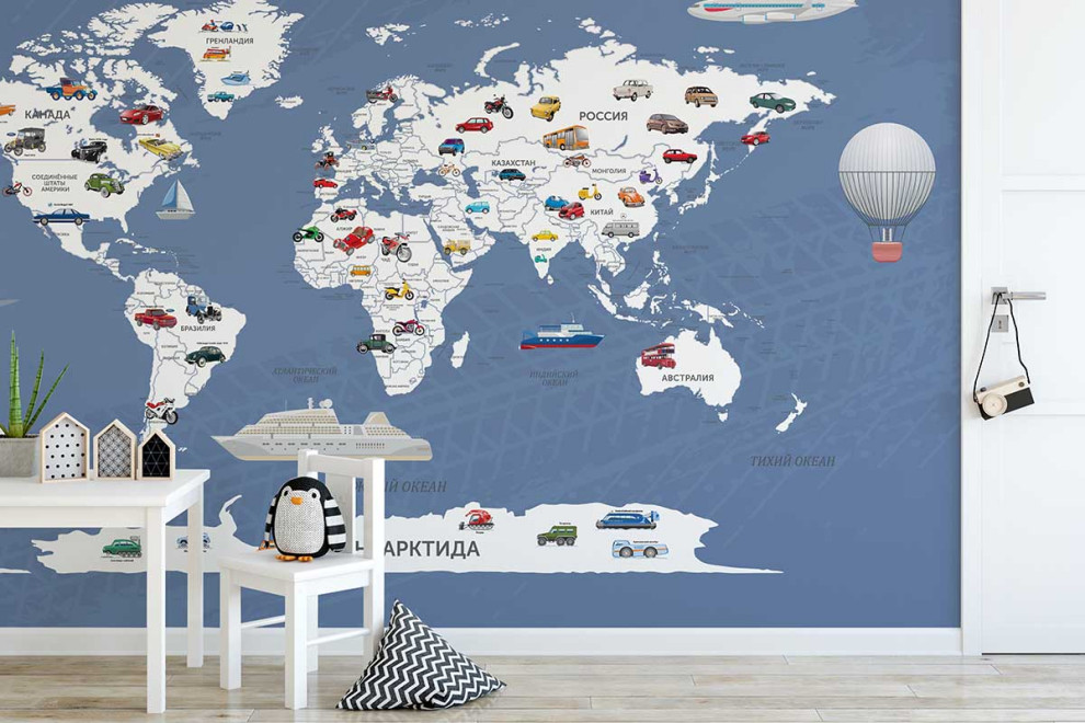 Фотообои Карта мира с автомобилями синяя