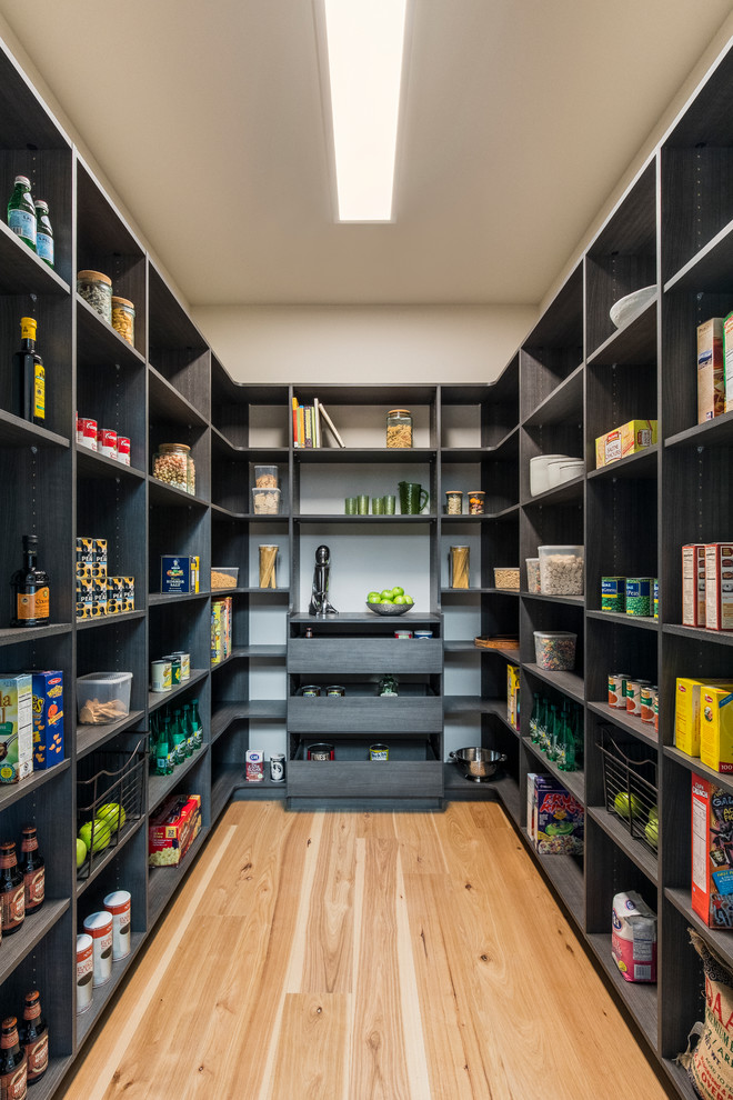 Photo of a contemporary u-shaped kitchen pantry in Portland with open cabinets, black cabinets, medium hardwood floors, no island and brown floor.