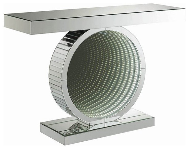 Contemporary Console Table, Mirrored Design With Circular Base & LED ...