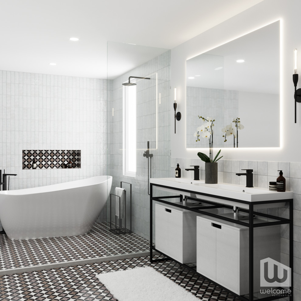 Design ideas for a large industrial ensuite bathroom in Los Angeles with open cabinets, white cabinets, a freestanding bath, a built-in shower, a wall mounted toilet, white tiles, metro tiles, white walls, ceramic flooring, a submerged sink, engineered stone worktops, black floors, an open shower, white worktops, a wall niche, double sinks, a freestanding vanity unit and wainscoting.