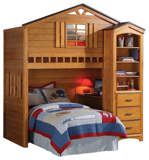 Rustic Oak Tree House Twin Bunk, Loft Bed, With Desk, With Shelf Cabinet