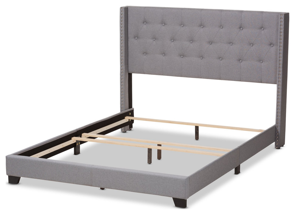 Queen Platform Bed, Winged Headboard With Button Tufting & Nailhead