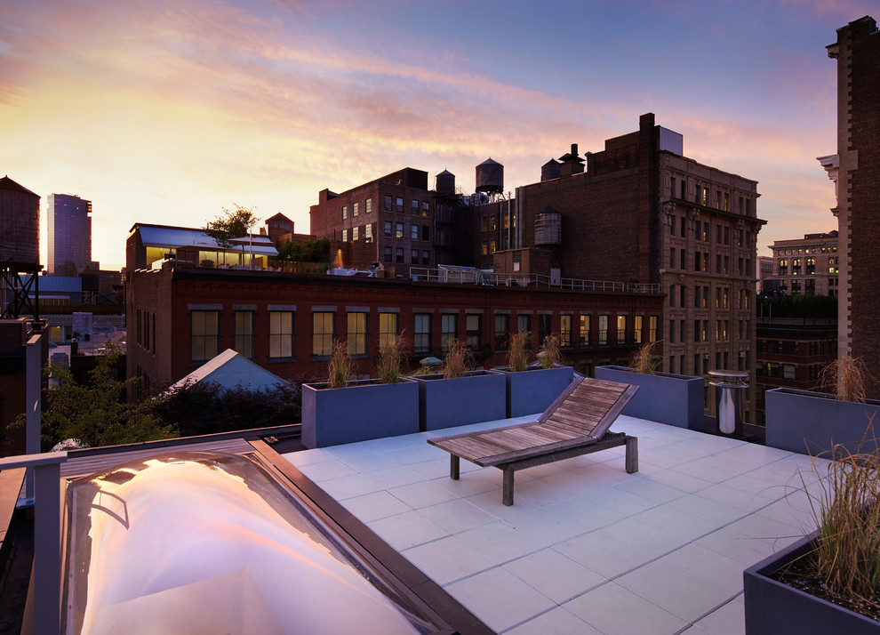 Mid-sized modern rooftop and rooftop deck in New York with a container garden and no cover.