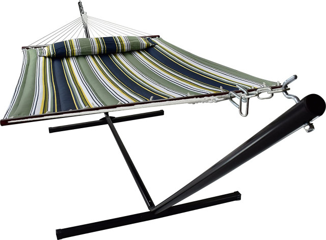 Freestanding Hammock With Stand, Portable Bed With Detachable Pillow, Blue/Aqua