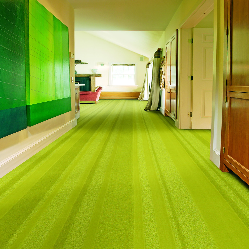 Inspiration for a large modern hallway in Detroit with white walls, carpet and green floor.