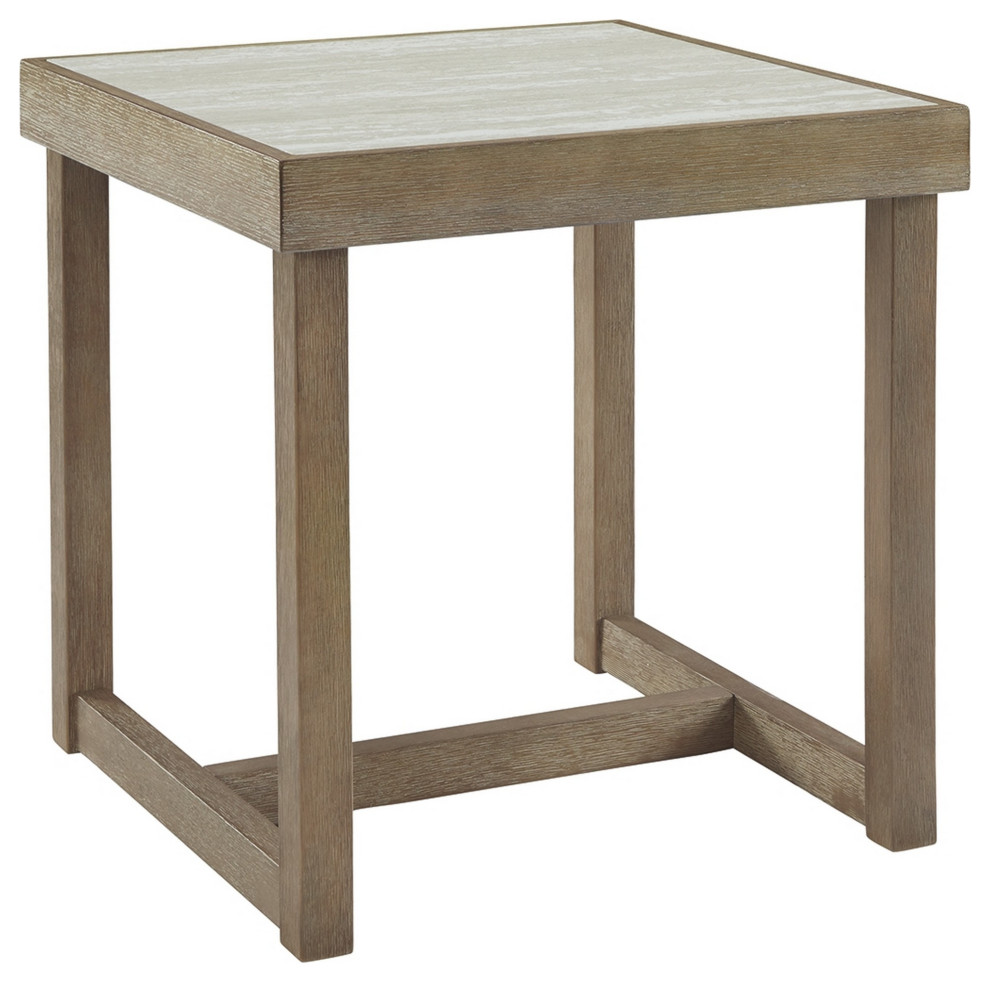 Faux Marble Top Square End Table with Wooden Sled Base, Weathered Brown