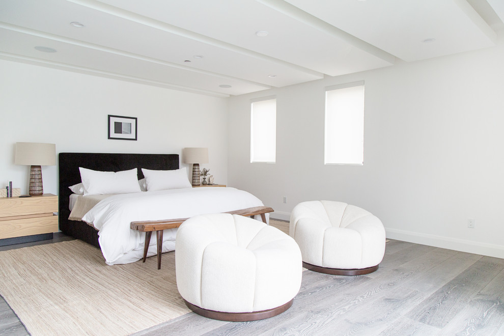 Photo of a contemporary master bedroom in Los Angeles with white walls, light hardwood floors, no fireplace and beige floor.