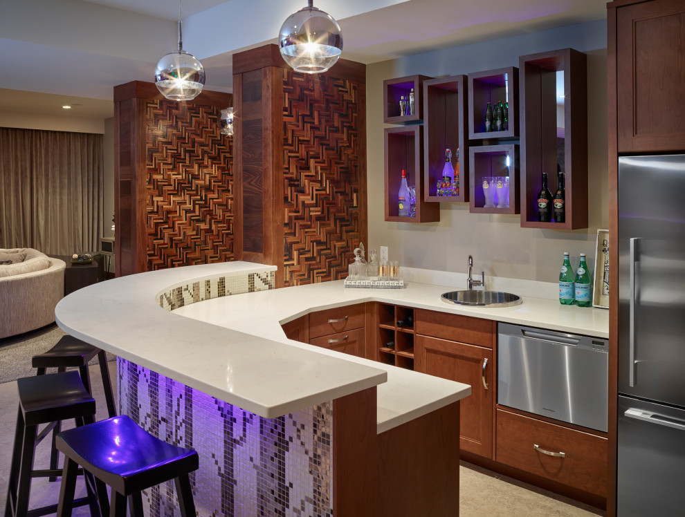 Mid-sized arts and crafts u-shaped porcelain tile and beige floor wet bar photo in Edmonton with a drop-in sink, recessed-panel cabinets, brown cabinets, quartz countertops, white backsplash, quartz backsplash and white countertops