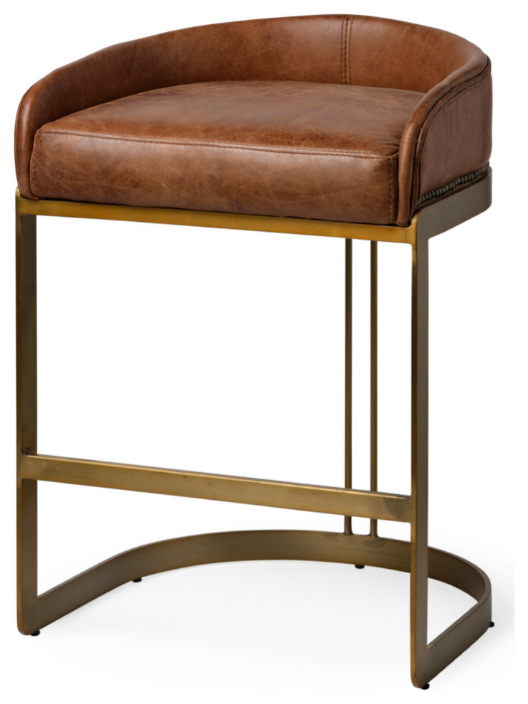 Hollyfield Medium Brown Genuine Leather Seat with Gold Metal Frame Counter Stool