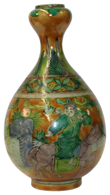Chinese Yellow Copper Ceramic People Graphic Painting Pear Vase Hws1275