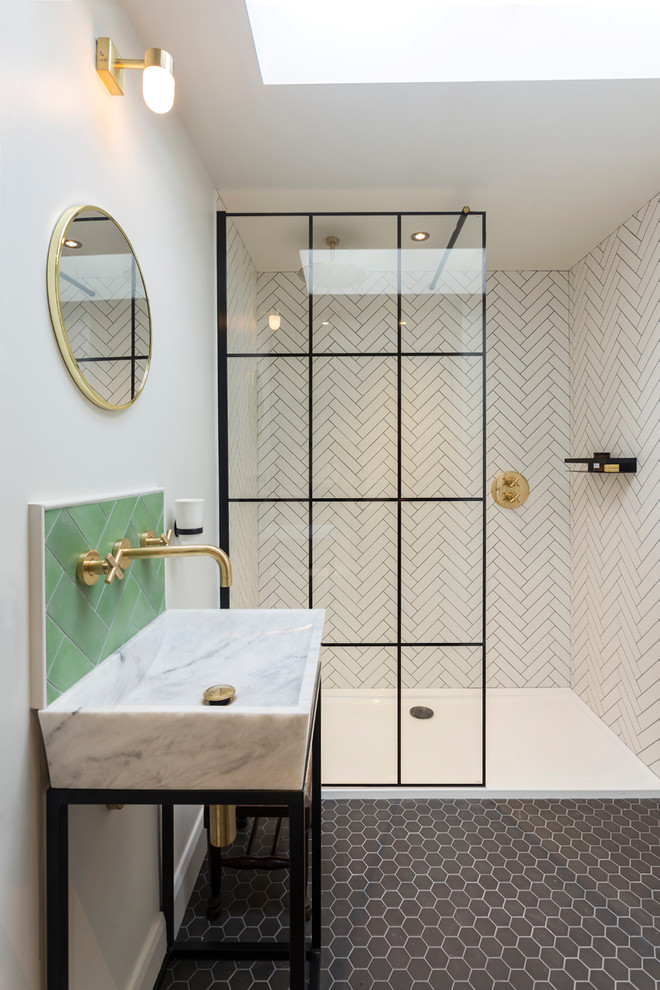 Eclectic bathroom in Kent with an alcove shower, white tile, white walls, mosaic tile floors, a console sink, black floor and an open shower.