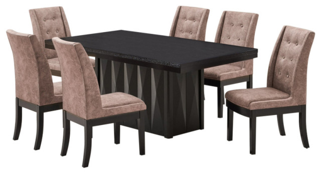 7 Piece Dining Set, Cappuccino Wood and Dark Brown Fabric, Table and 6 Chairs