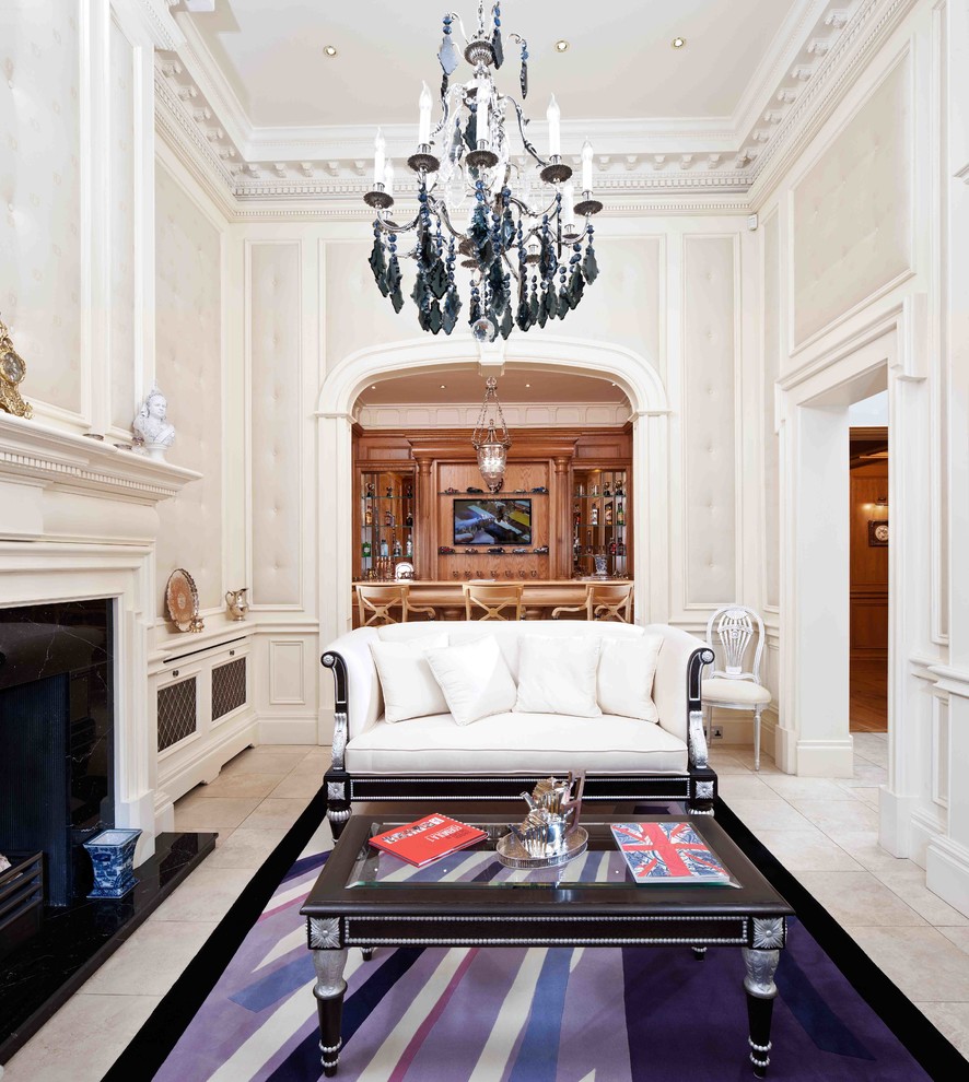 Inspiration for a medium sized classic formal enclosed living room in Glasgow with beige walls, travertine flooring, a standard fireplace, a wooden fireplace surround, no tv and beige floors.