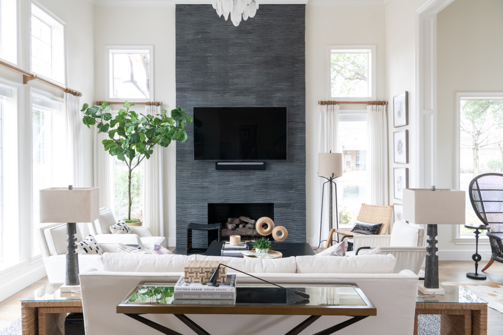 Living room - large contemporary living room idea in Dallas with white walls