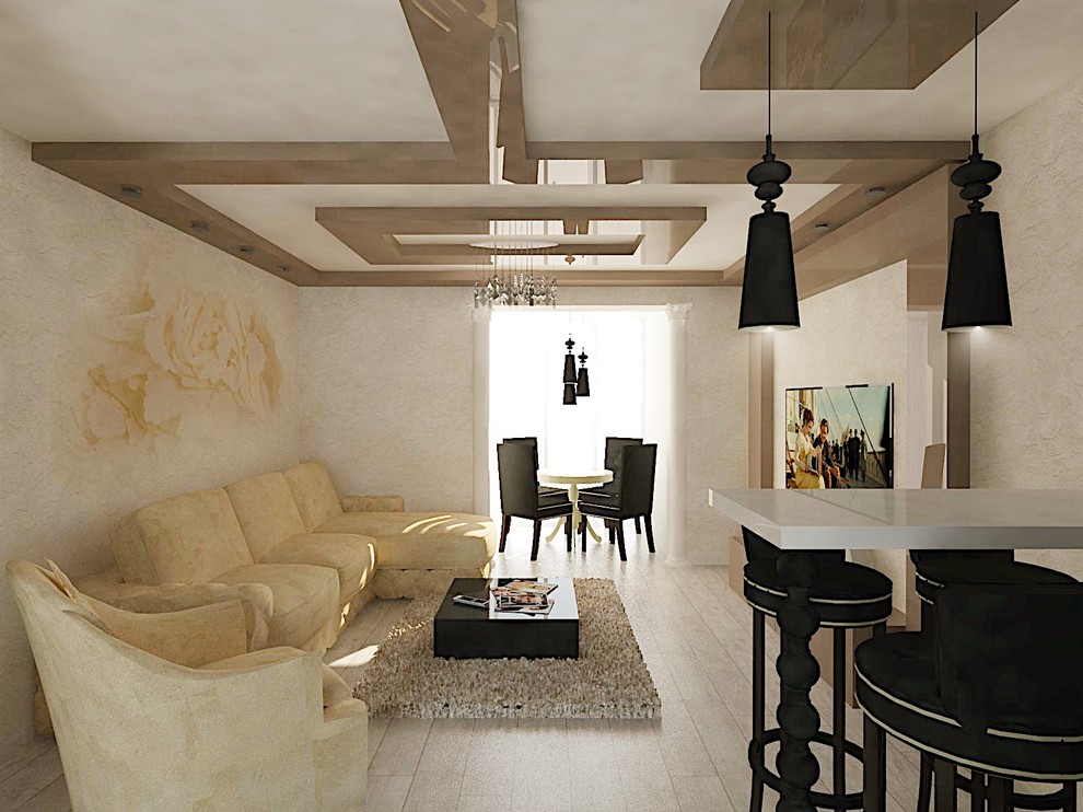 Объединение пространства коридора, кухни и гостиной