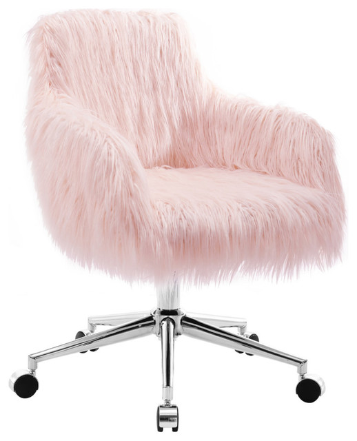 Linon Fiona Faux Fur Swivel Office Chair, Pink Contemporary Office