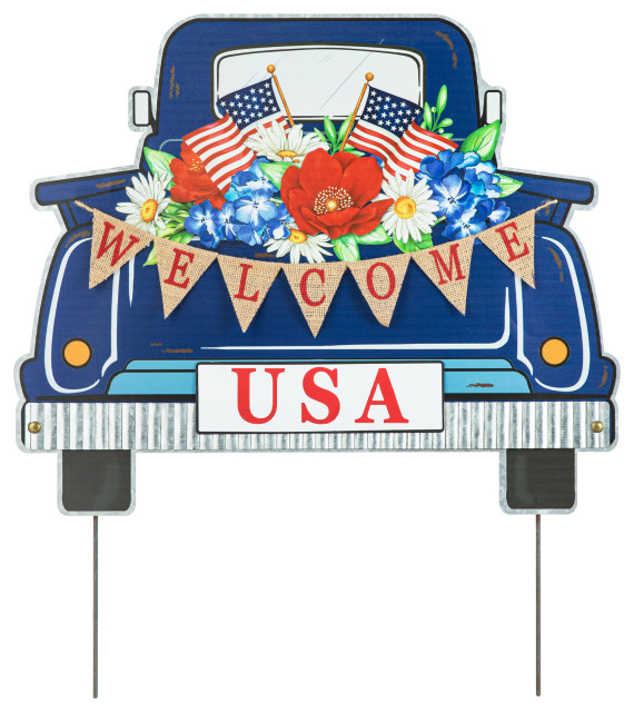 26"H Metal Truck Yard Stake or Wall Decor Contemporary Garden Statues And Yard Art by