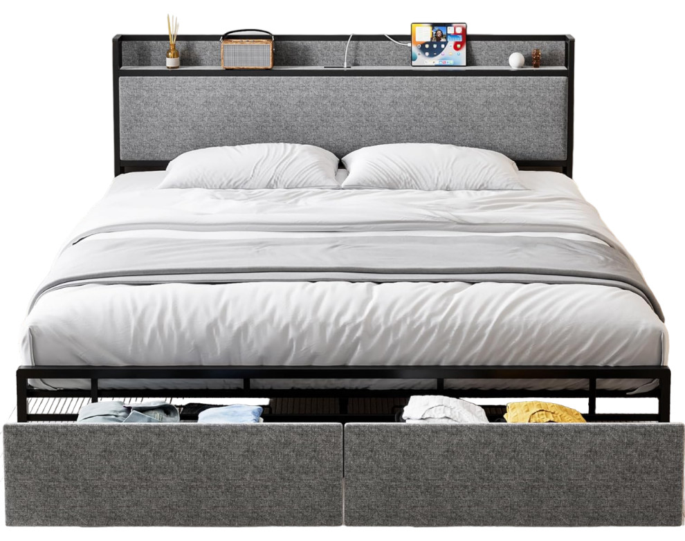 Modern Platform Bed, Upholstered Headboard With USB Ports & Drawers