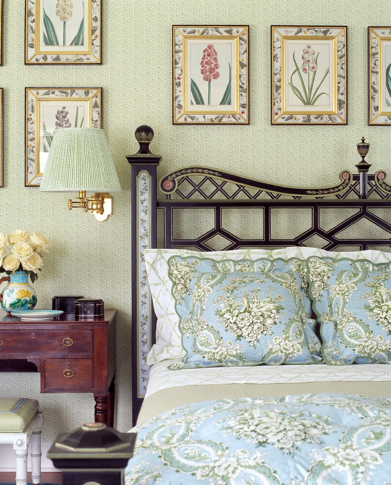 Design ideas for a traditional bedroom in Miami with green walls.