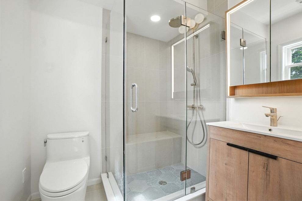 Bathroom with Walk-In Shower and Wood Vanity