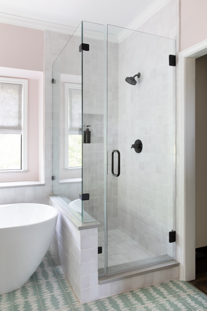 Inspiration for a mid-sized contemporary master wet room bathroom in Austin with shaker cabinets, white cabinets, a freestanding tub, an undermount sink, a hinged shower door, a single vanity and a built-in vanity.