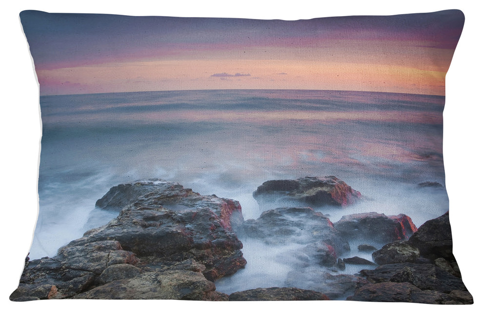 Blue Rocky Sea Beach Sunset Modern Landscape Printed Throw Pillow, 12"x20"