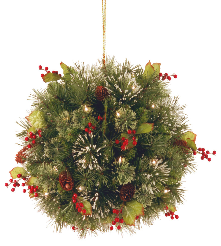 16" Wintry Pine Kissing Ball With Battery Operated Warm White LED