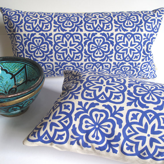 Moroccan Tile Slim Pillow, Royal Blue by Helen Rawlinson