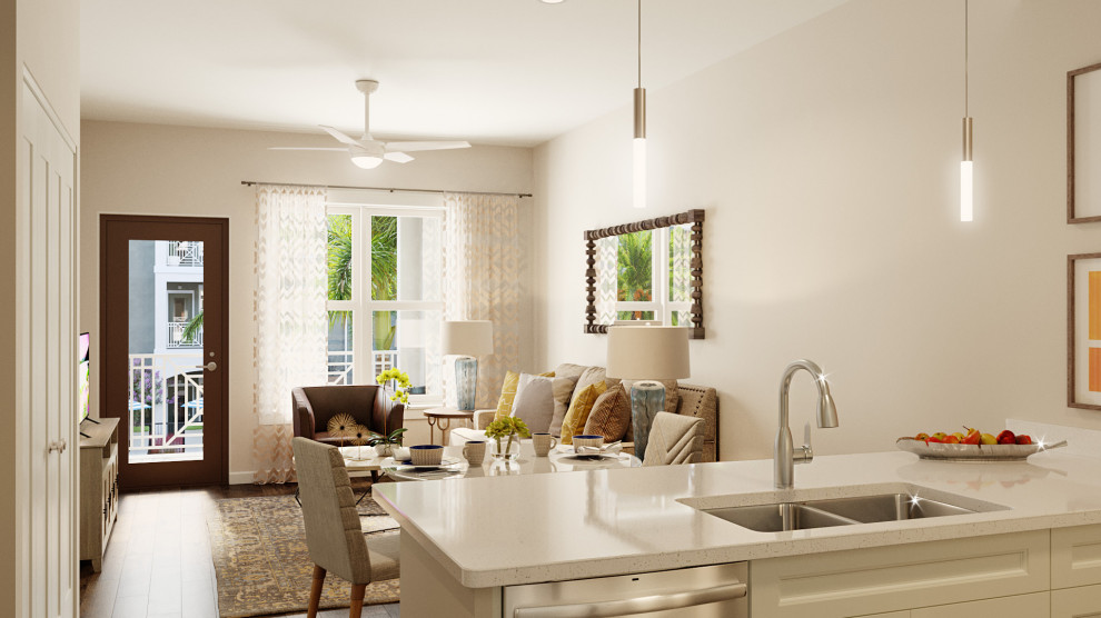 Kleines, Offenes Modernes Wohnzimmer mit beiger Wandfarbe, hellem Holzboden, freistehendem TV und braunem Boden in Orlando