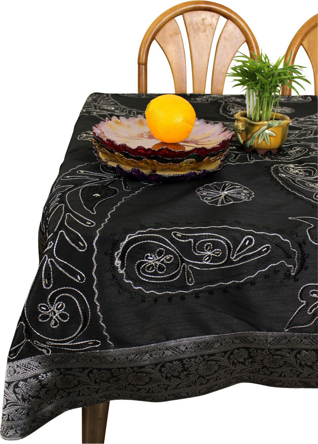 Ornamental Embroidered Square Tablecloth, Mystic Black, 44x87"