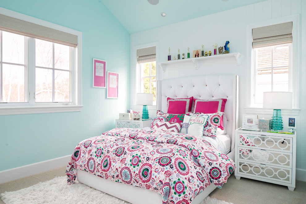 Inspiration for a large transitional kids' room for girls in Orange County with carpet and multi-coloured walls.