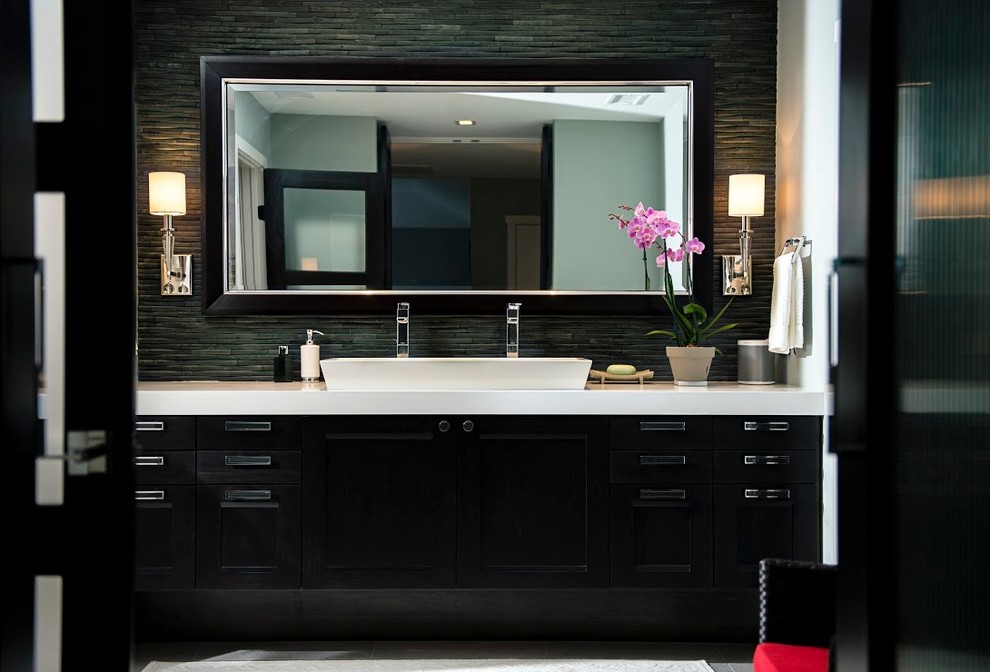 Design ideas for a contemporary master bathroom in Atlanta with black cabinets, black tile, matchstick tile, black walls, a trough sink and porcelain floors.
