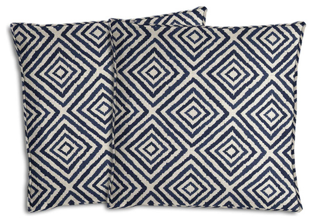 Ikat Diamond Outdoor Throw Pillows, Set of 2, Navy, 18"x18"