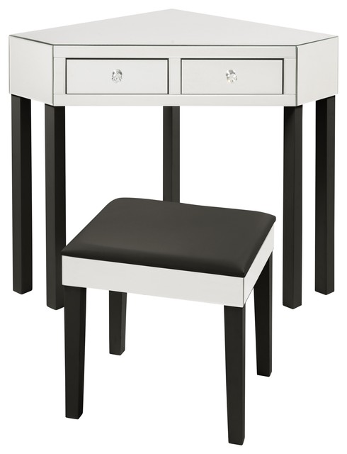 Axelle Mirrored 2 Drawer Corner Vanity Table With Stool Set Black