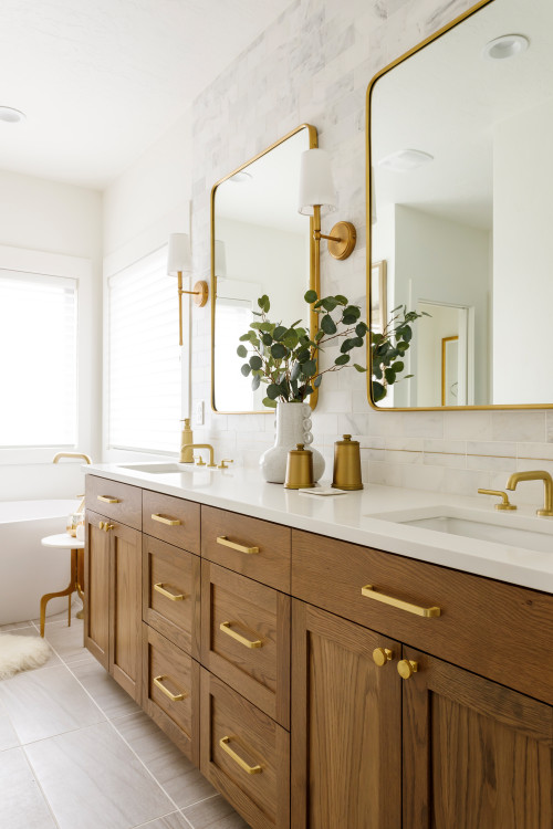 Engineered wood bathroom cabinets with double sink vanity, quartz countertop, and gold hardware in a modern bathroom