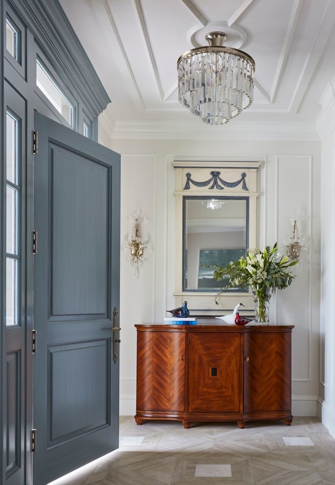 Single front door - coastal beige floor single front door idea in Miami with white walls and a blue front door