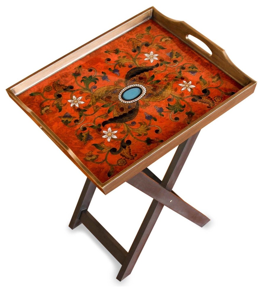Reverse Painted Glass Folding Tray Table, 'Scarlet Delight', Peru