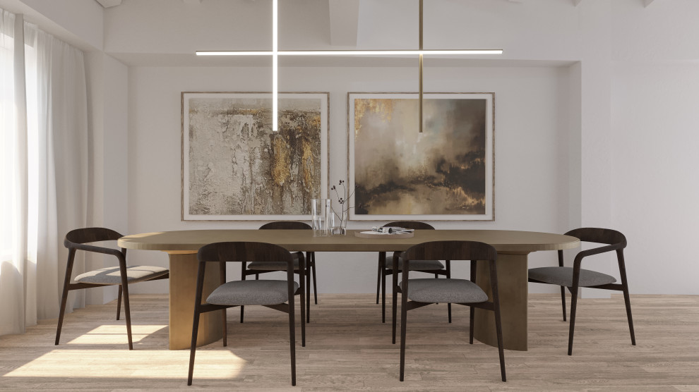 Idée de décoration pour une grande salle à manger ouverte sur le salon minimaliste avec parquet clair.